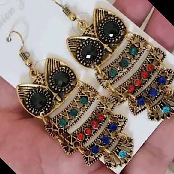 2 FOR $20 Vintage Gold Multicolor Rhinestone Owl Earrings - Picture 3 of 7